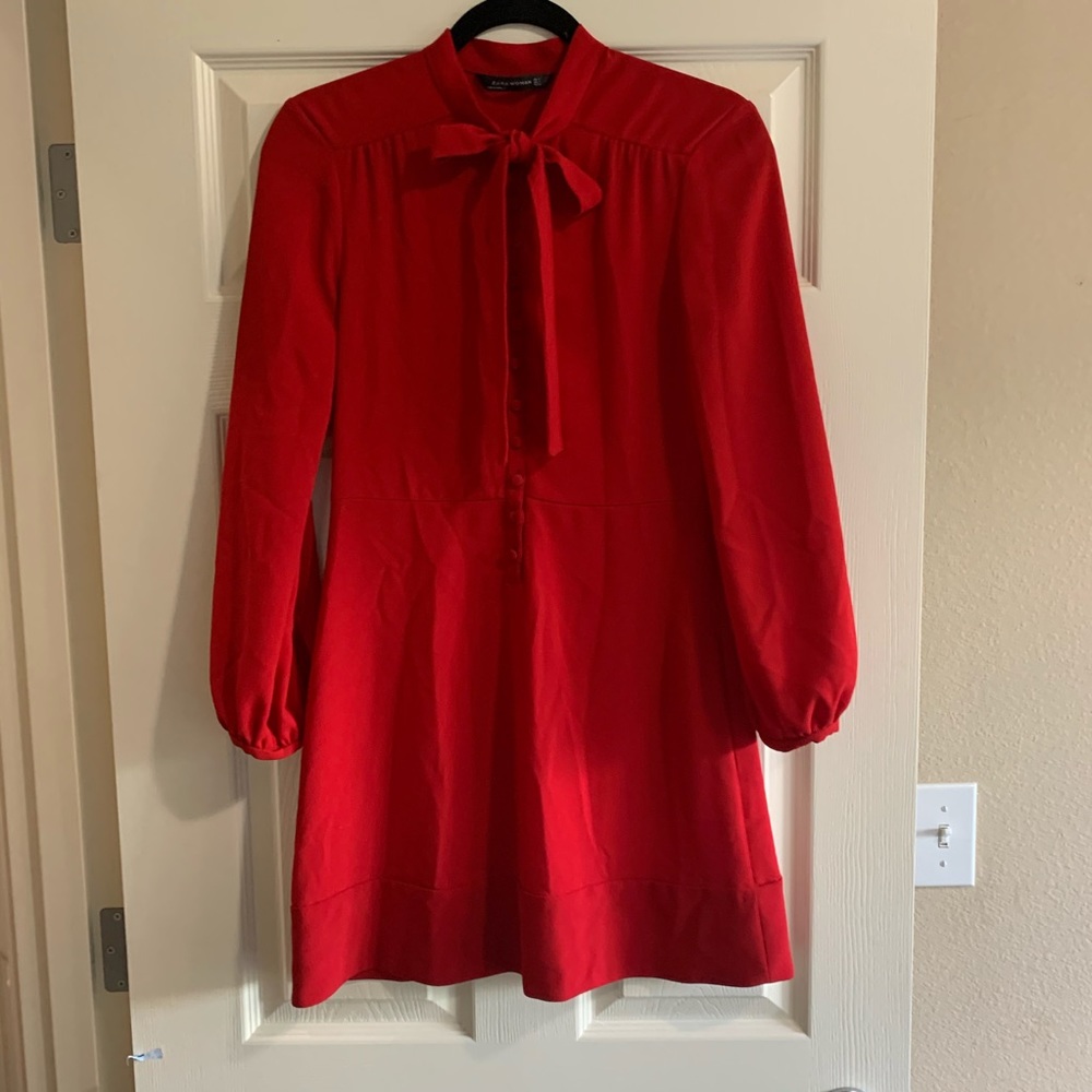 Zara red button front pussy bow dress